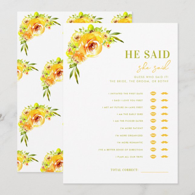 Yellow Green He Said She Said Bridal Shower Game Invitation (Front/Back)