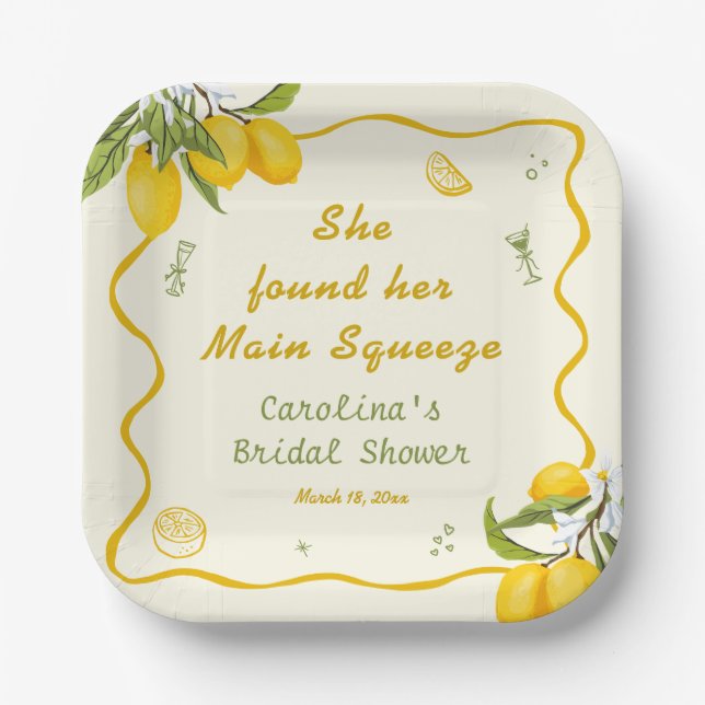 Yellow Green Main Squeeze Bridal Shower Lemon  Paper Plate (Front)
