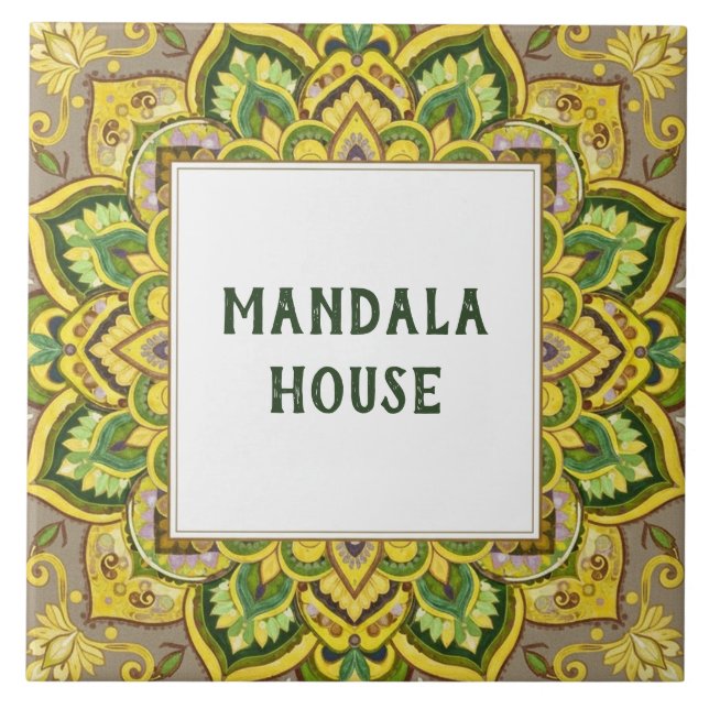 Yellow Green Mandala Custom House Name Sign Plaque Ceramic Tile (Front)