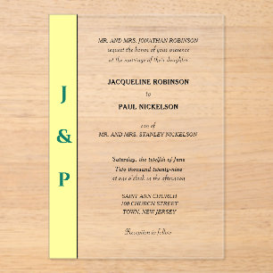 Yellow Green Monogram Bride and Groom Clear Acrylic Invitations