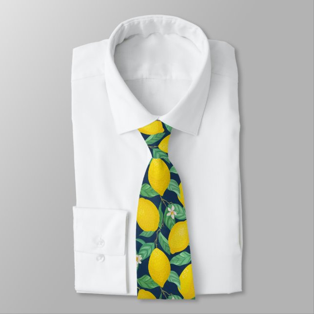 Yellow Green Navy Blue Lemon Pattern  Tie (Tied)