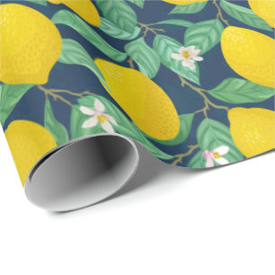 Yellow Green Navy Blue Lemon Pattern  Wrapping Paper