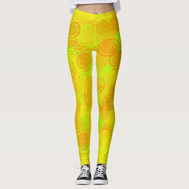Yellow Green Orange Swirls Pattern Leggings (Front)