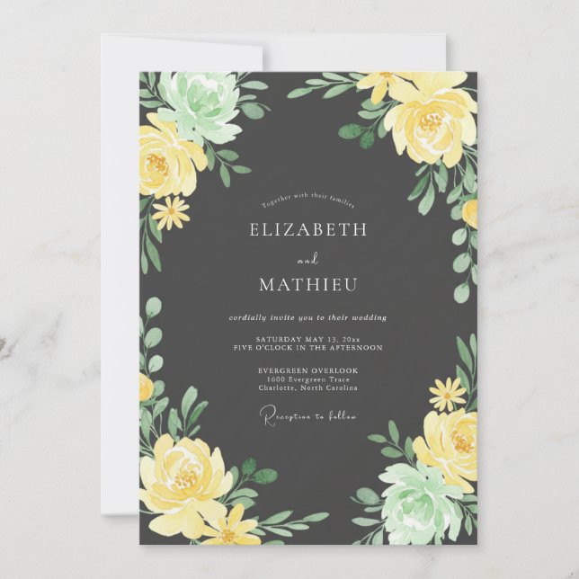 Yellow Green Painterly Bloom Wedding Invitation (Front)