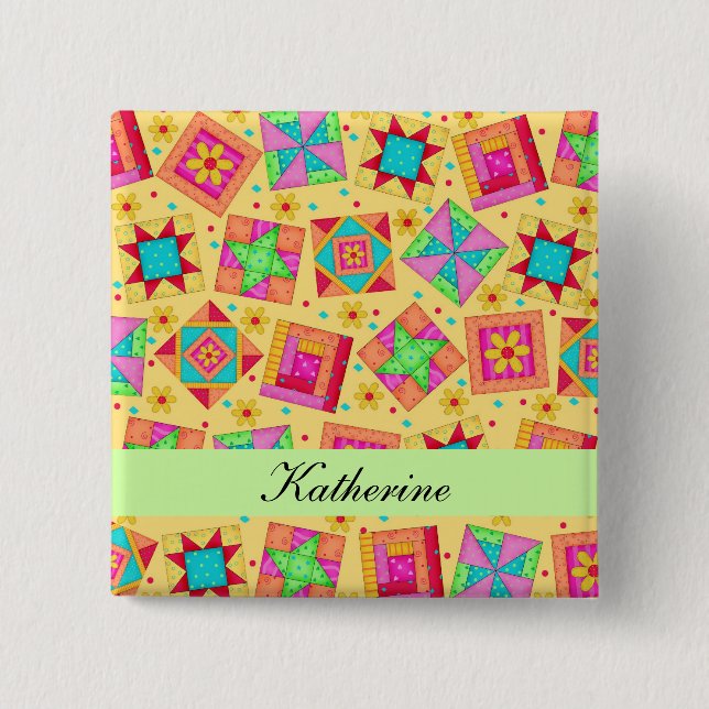 Yellow Green Patchwork Quilt Blocks Name Badge (Front)