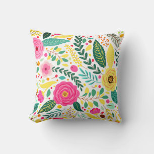 Yellow Green & Pink Floral Print Throw Pillow