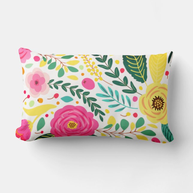 Yellow Green & Pink Floral Print Throw Pillow (Front)
