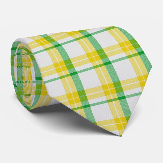 Yellow Green Plaid Pattern Check Print Tartan Tie (Rolled)
