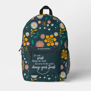 Yellow Green Pretty Floral Inspirational Quote Printed Backpack
