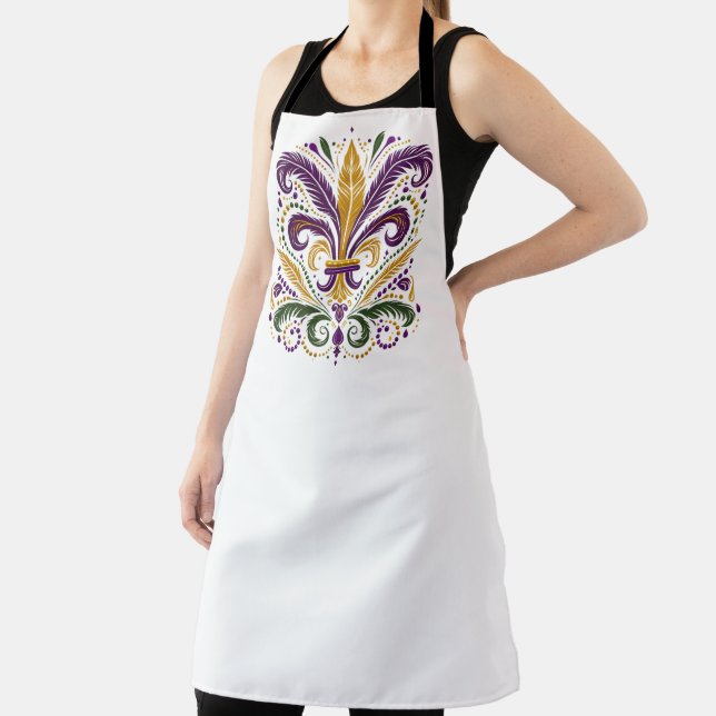 Yellow, green purple fleur de lis feathers apron (Insitu)