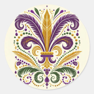 Yellow, green purple fleur de lis feathers classic round sticker