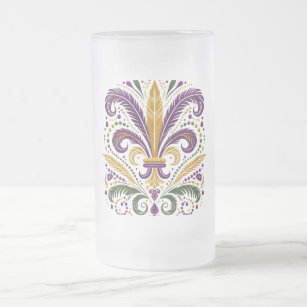 Yellow, green purple fleur de lis feathers frosted glass beer mug