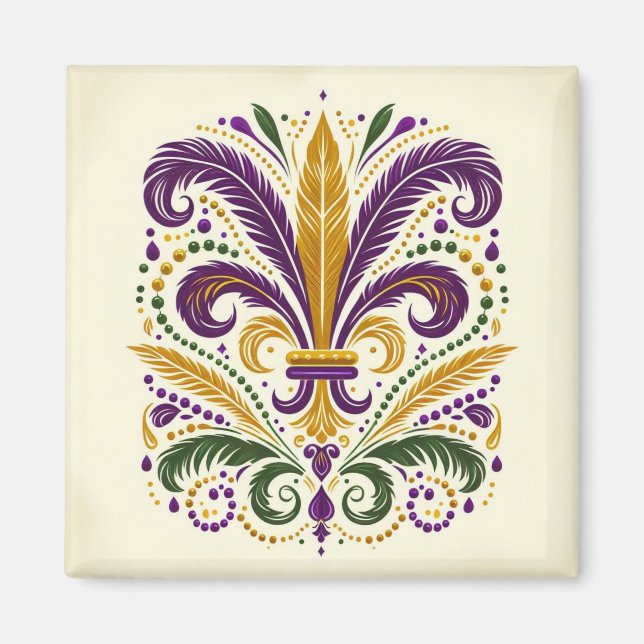 Yellow, green purple fleur de lis feathers magnet (Front)