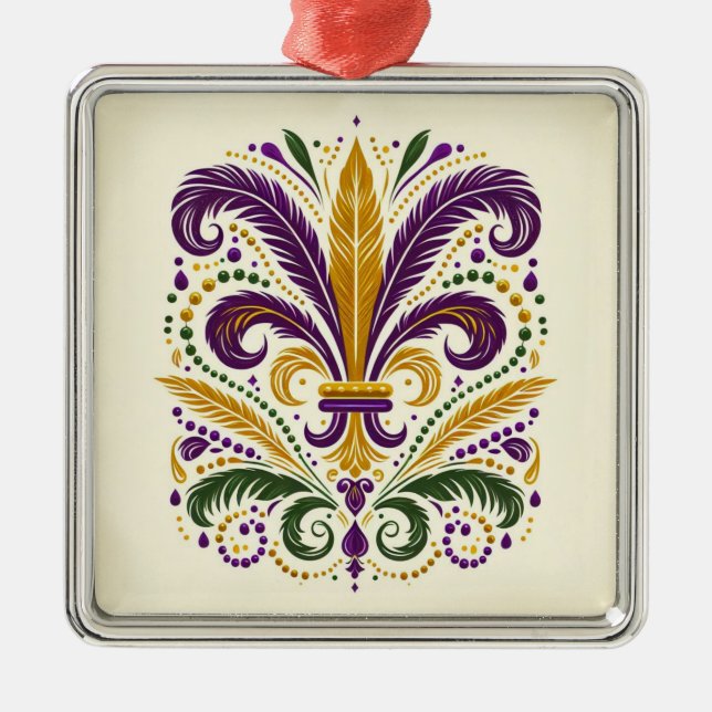 Yellow, green purple fleur de lis feathers metal ornament (Front)