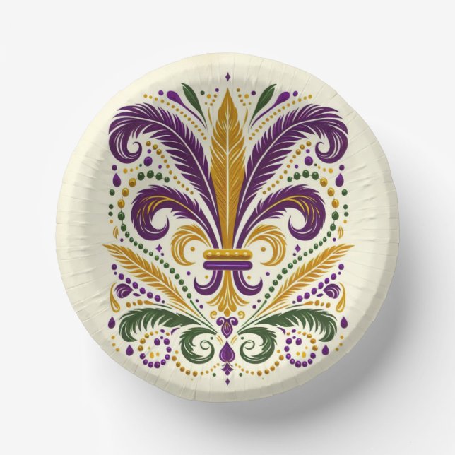 Yellow, green purple fleur de lis feathers paper plate (Front)