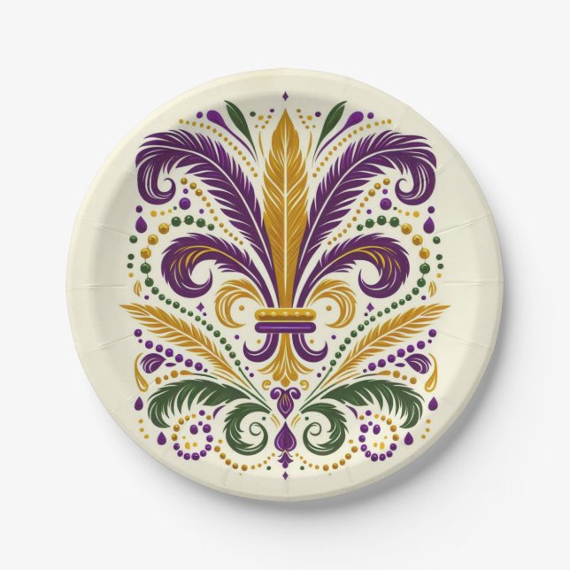 Yellow, green purple fleur de lis feathers paper plate (Front)