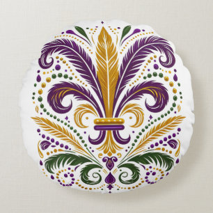 Yellow, green purple fleur de lis feathers round cushion