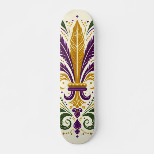 Yellow, green purple fleur de lis feathers skateboard