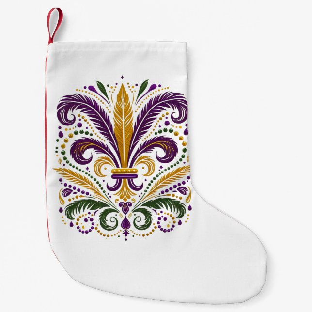 Yellow, green purple fleur de lis feathers small christmas stocking (Front)