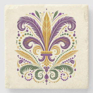 Yellow, green purple fleur de lis feathers stone coaster