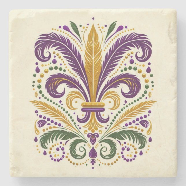 Yellow, green purple fleur de lis feathers stone coaster (Front)