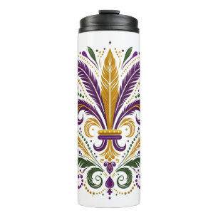 Yellow, green purple fleur de lis feathers thermal tumbler