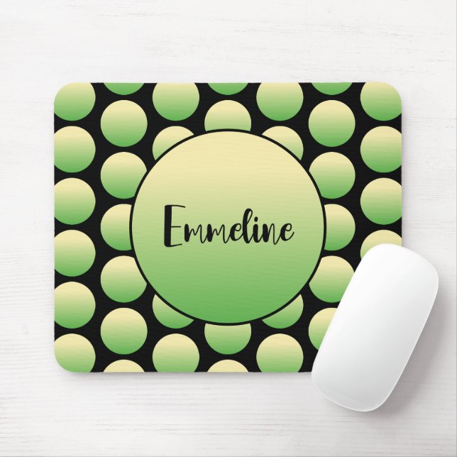Yellow Green Retro Dots on Black with Script Name Mouse Pad (With Mouse)