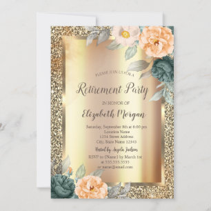 Yellow Green Roses Gold Glitter Retirement Invitation