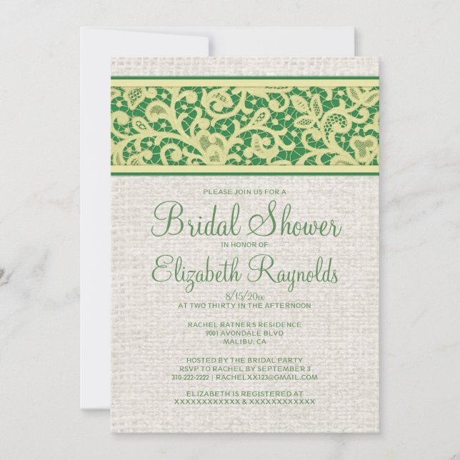 Yellow Green Rustic Burlap Bridal Shower Invites (Front)