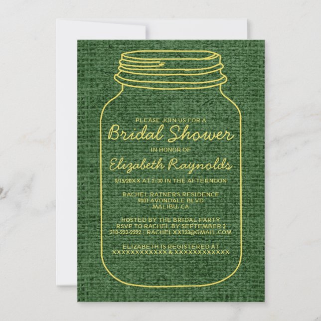 Yellow Green Rustic Mason Jar Bridal Shower Invite (Front)