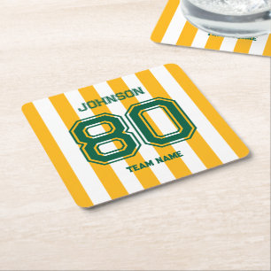 Yellow & Green Sports Team Custom Name Number Team Square Paper Coaster