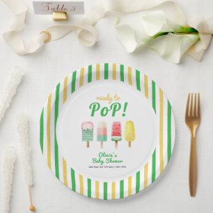 Yellow Green Stripe Ice Cream Pop Baby Shower Paper Plate
