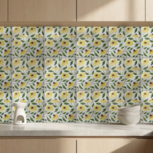 Yellow Green Sunflower Watercolor Wildflower Ceramic Tile