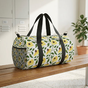 Yellow Green Sunflower Watercolor Wildflower Duffle Bag