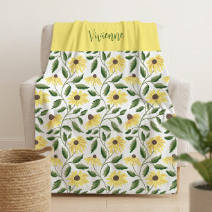 Yellow Green Sunflower Watercolor Wildflower Name Fleece Blanket
