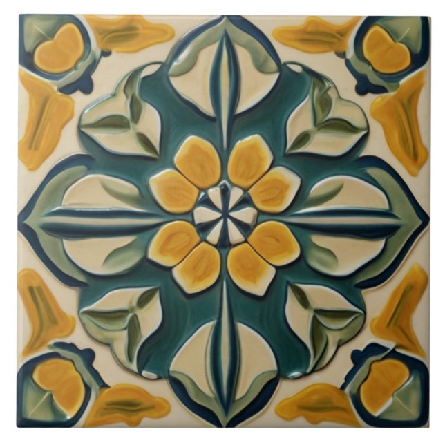 Yellow & Green Symmetrical Abstract Mediterranean Ceramic Tile (Front)