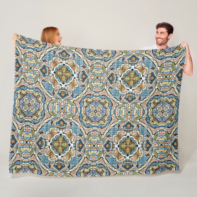 Yellow Green Teal Blue Orange Hip Bohemian Art Fleece Blanket (In Situ)