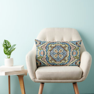 Yellow Green Teal Blue Orange Hip Bohemian Art Lumbar Cushion