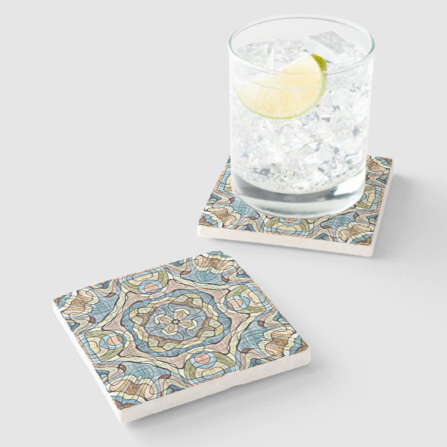Yellow Green Teal Blue Orange Hip Bohemian Art Stone Coaster (Side)