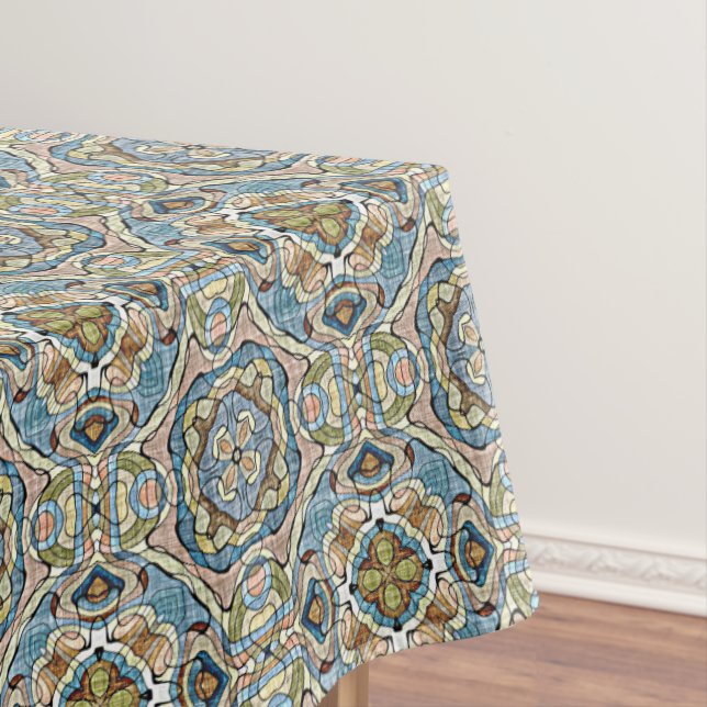 Yellow Green Teal Blue Orange Hip Bohemian Art Tablecloth (In Situ)