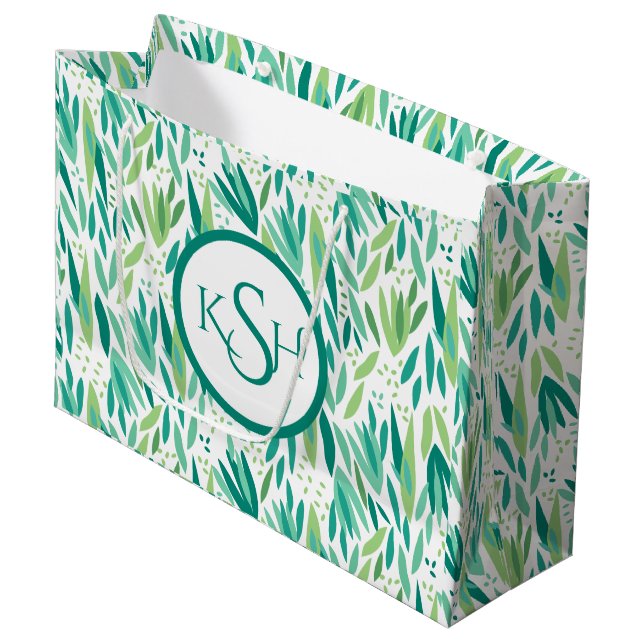 Yellow & Green Tropical Leafs Pattern Large Gift Bag (Front Angled)