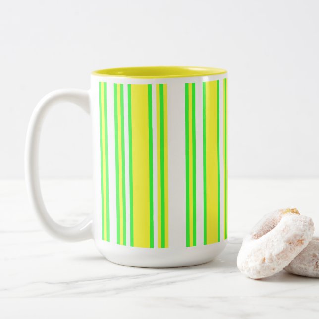 Yellow Green Vertical Multi-Stripe Two-Tone Coffee Mug (With Donut)