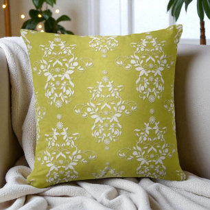 Yellow Green Victorian Retro Floral Damask Cushion
