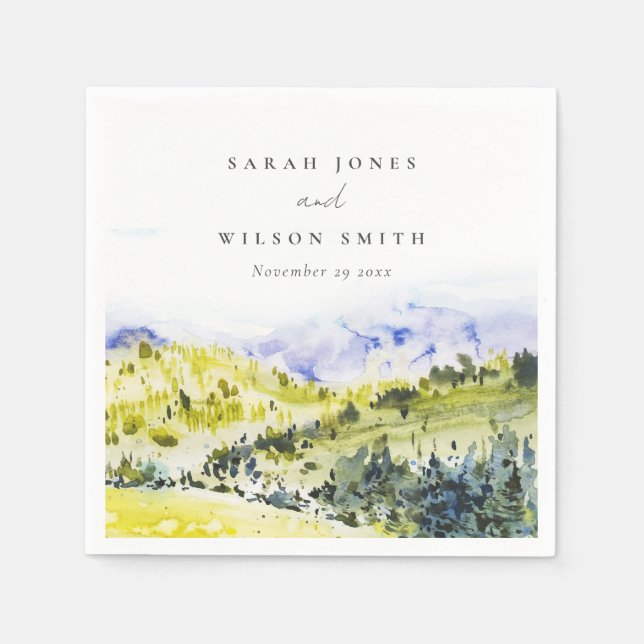 Yellow Green Watercolor Countryside Hills Wedding Napkin (Front)