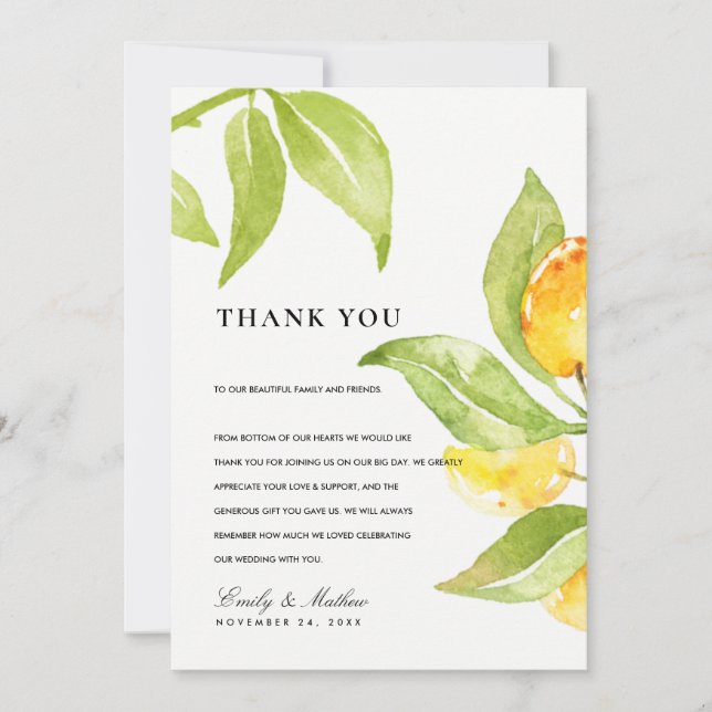YELLOW GREEN WATERCOLOUR FOLIAGE OLIVE THANK THANK YOU CARD (Front)