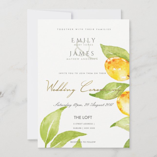 YELLOW GREEN WATERCOLOUR FOLIAGE OLIVE WEDDING INVITATION (Front)