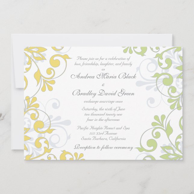 Yellow, Green, White Floral Wedding Invitation (Front)