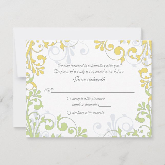 Yellow, Green, White Floral Wedding Reply Card (Front)