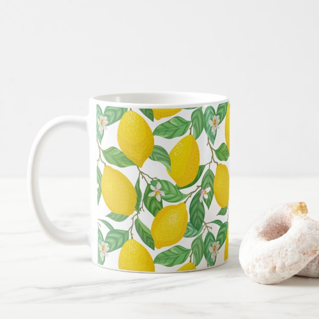 Yellow Green White Lemon Pattern  Coffee Mug (With Donut)