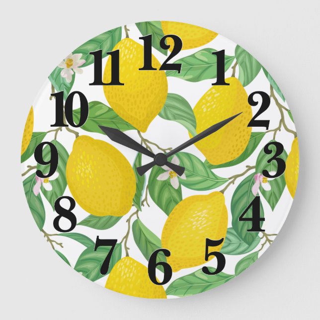 Yellow Green White Lemon Pattern  Large Clock (Front)
